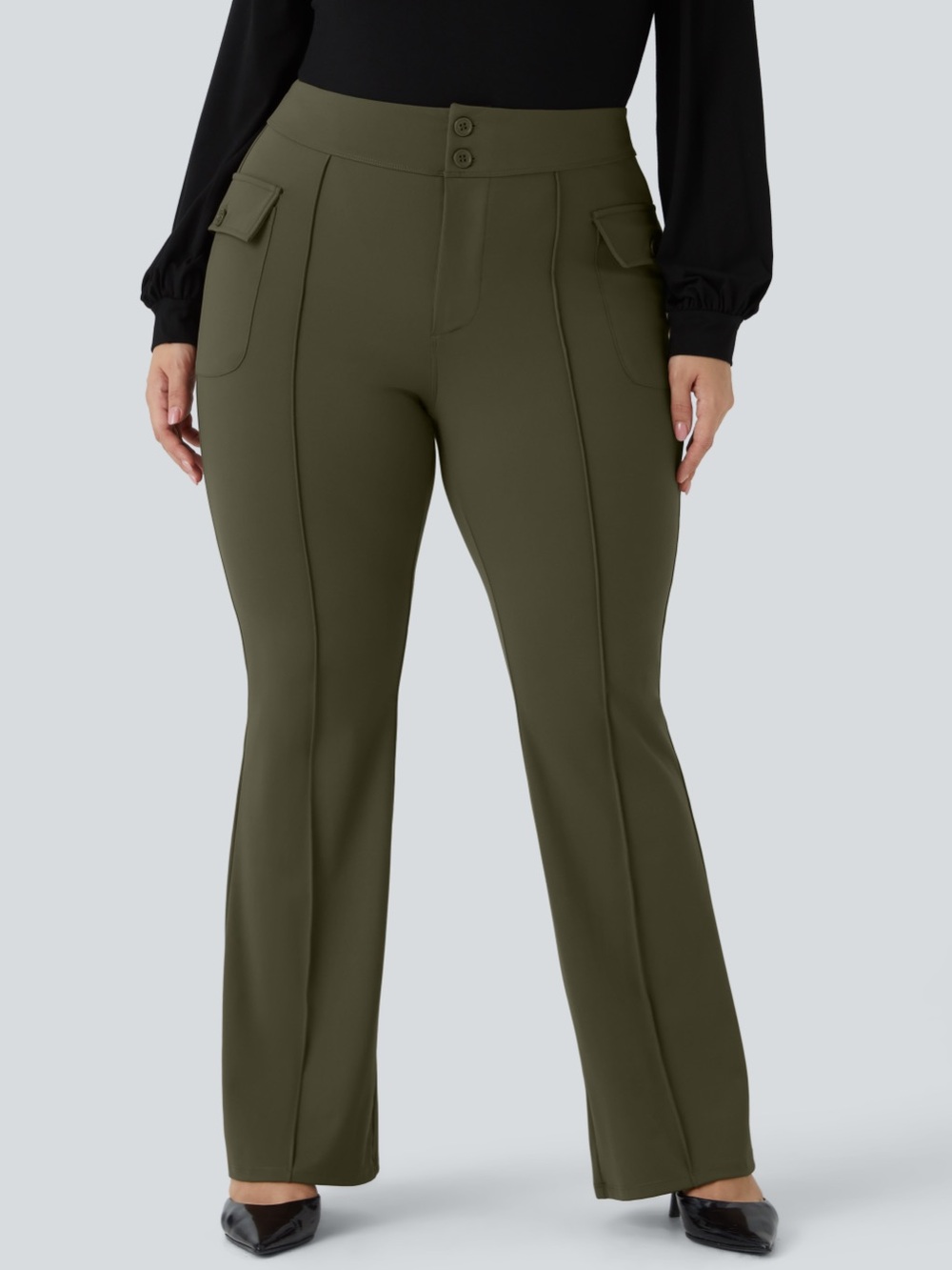 Halara High Waisted Side Flap Pocket Flare Plus Size Casual Cargo Pants Forest